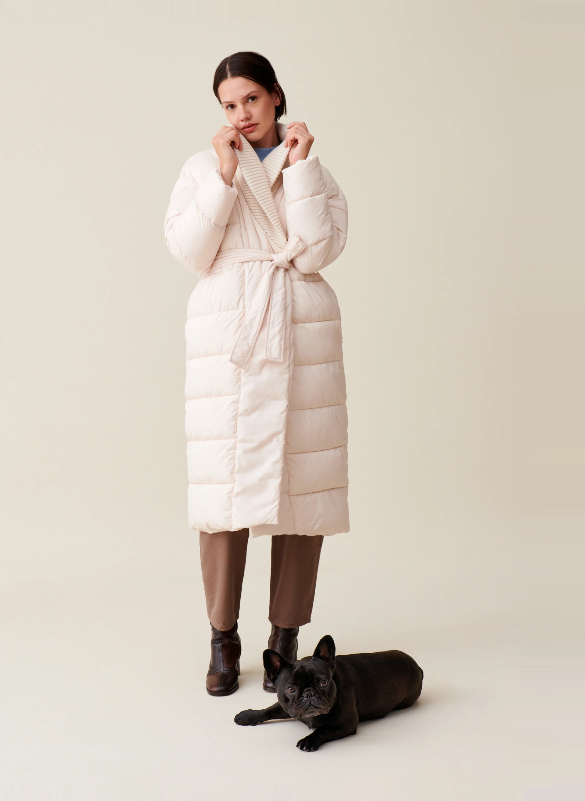 Doudoune longue col châle | Beige