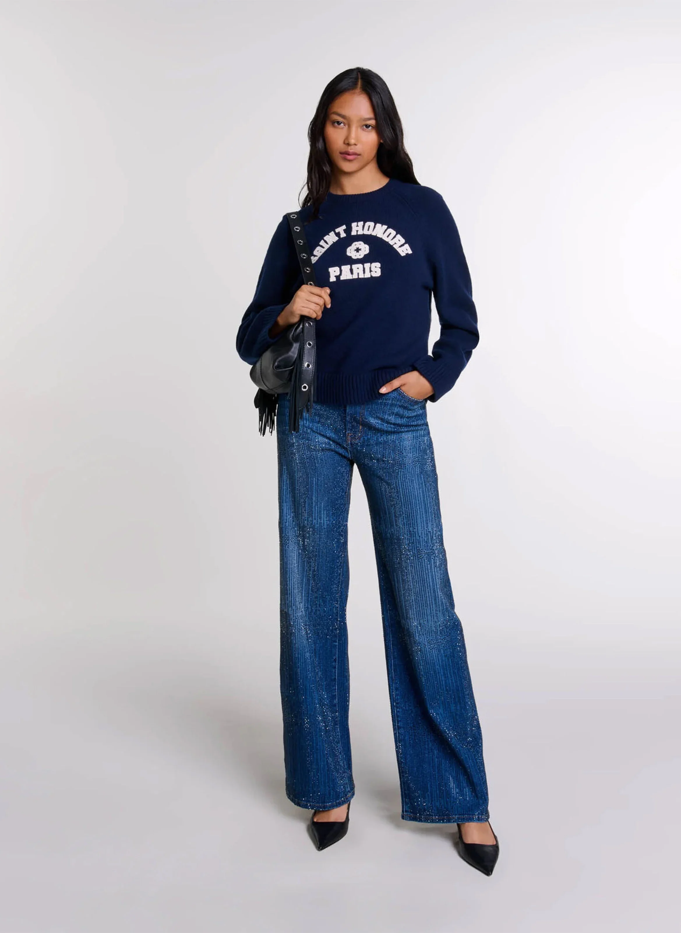 Jean large strassé en coton mélangé | Bleu
