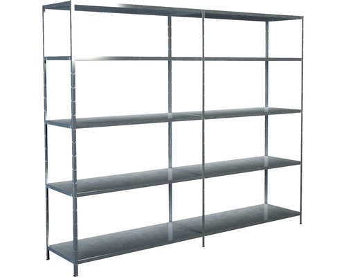 Insteekbare basis- en aanbouwstelling, verzinkt, 200x240x50 cm, 10 legborden, hoekprofielen gedeeld, set, draagvermogen 850 kg
