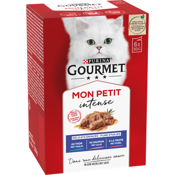 Gourmet Mon Petit Intense Fijne stukjes met Tonijn, Zalm & Forel 6x50g