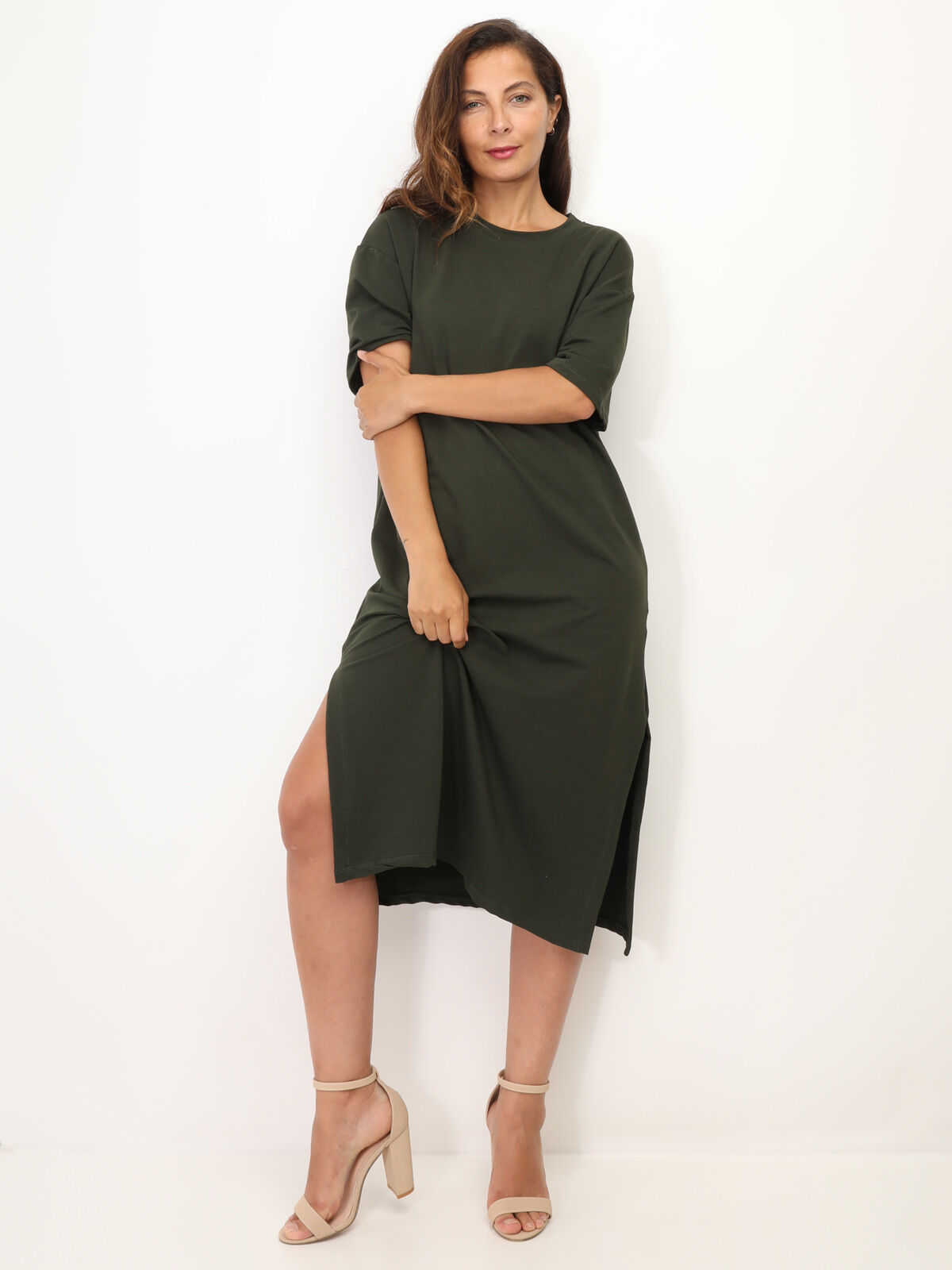 Robe T-shirt à fentes- Kaki