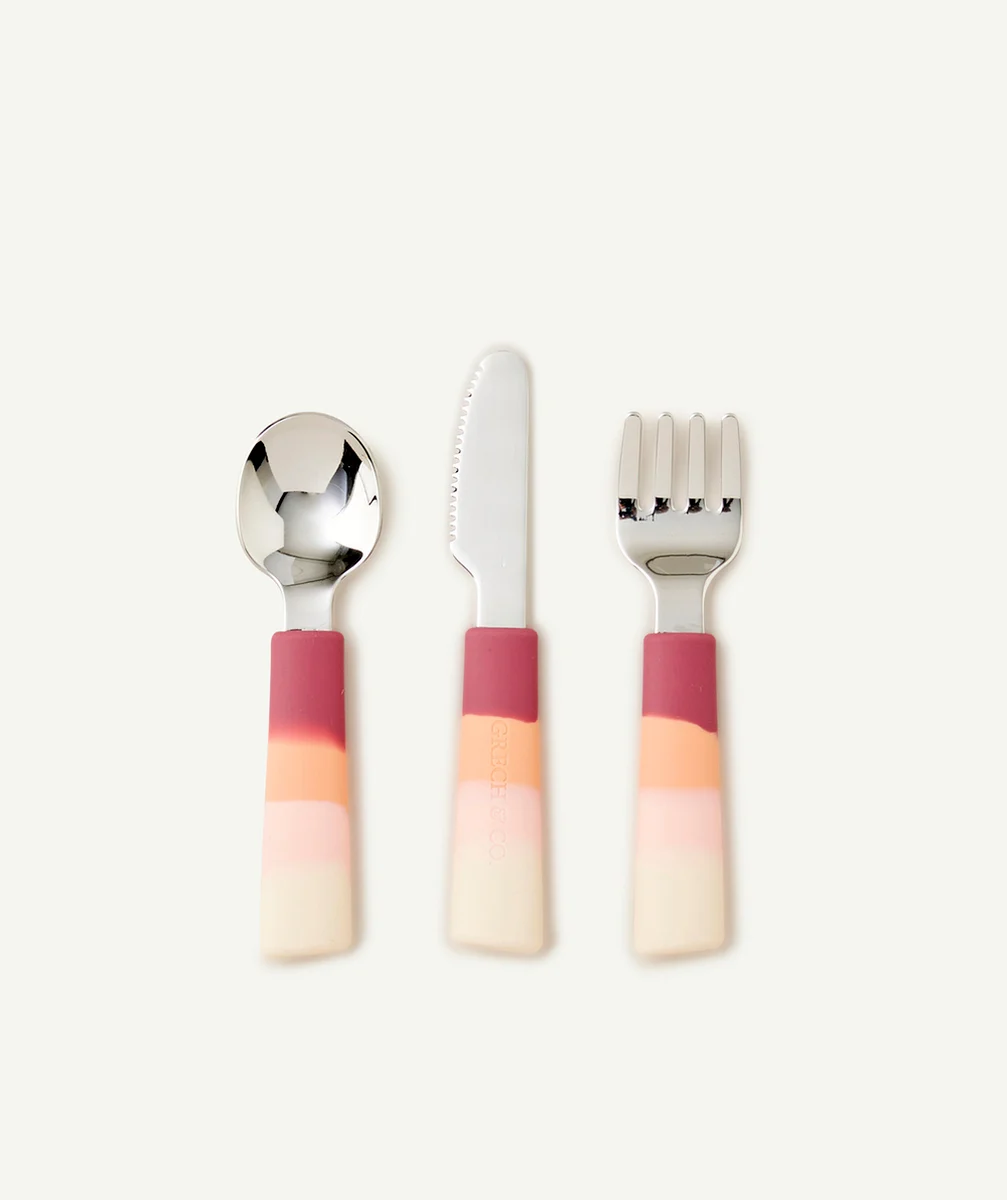 GRECH & CO.ENSEMBLE COUVERTS 3 PIÈCES ROSES ENFANT EN SILICONE