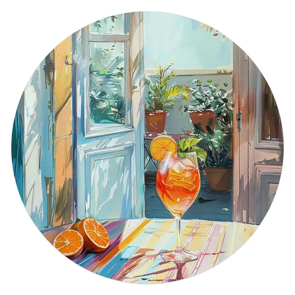 Glasschilderij Aperol in de zon - Ø 70cm - Bont