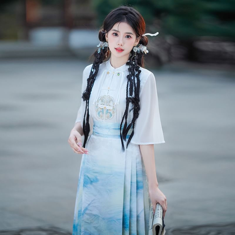 Fioridi - Hanfu-top met korte mouwen, geborduurd met bloemenmotief en knopen, / Midi-rok met hoge taille en zeeprint