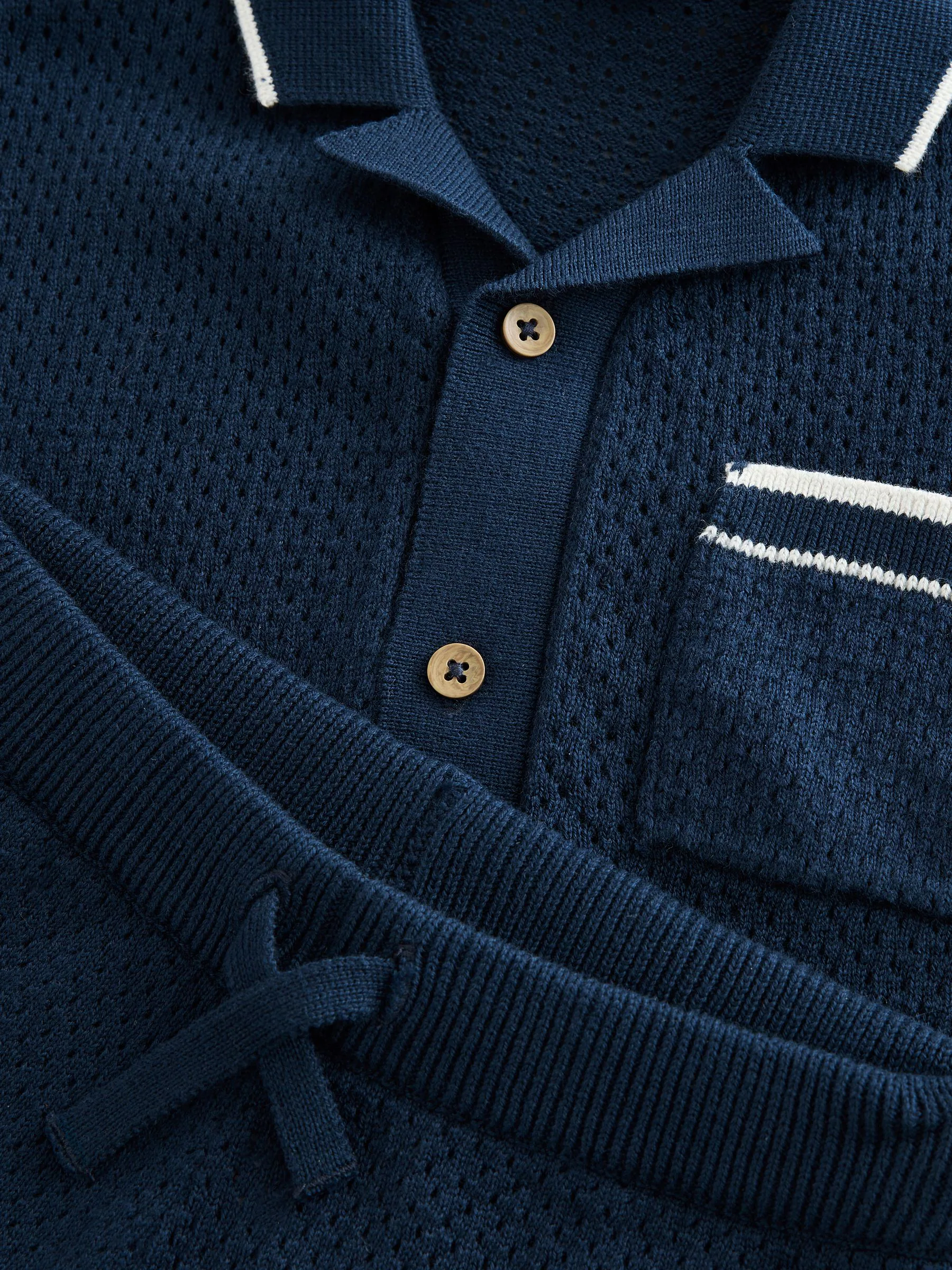Donkerblauw - Set van gebreid poloshirt met textuur en reverskraag en shorts (3mnd -10jr)