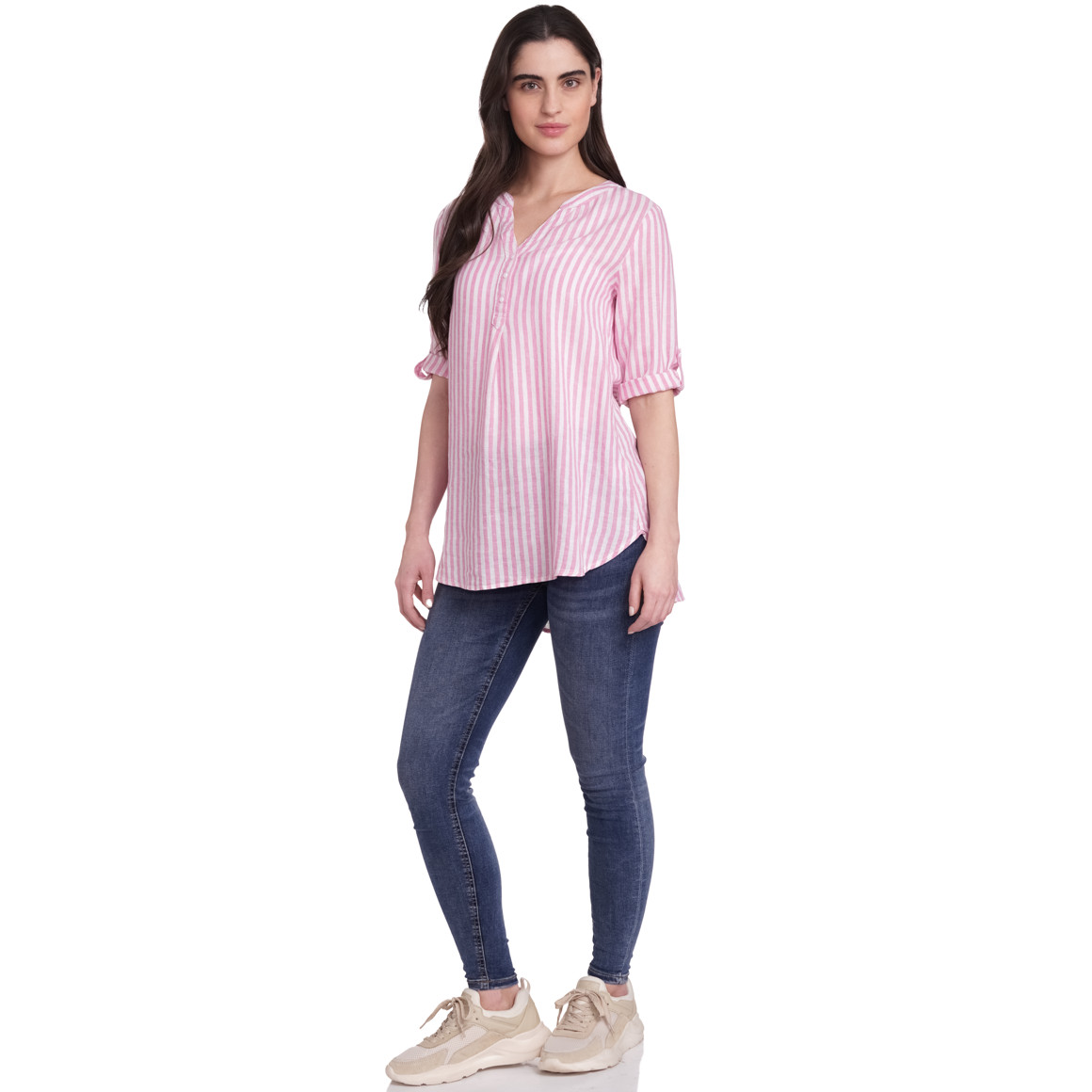Gina Damen Leinen-Bluse mit Streifen pink / weiss