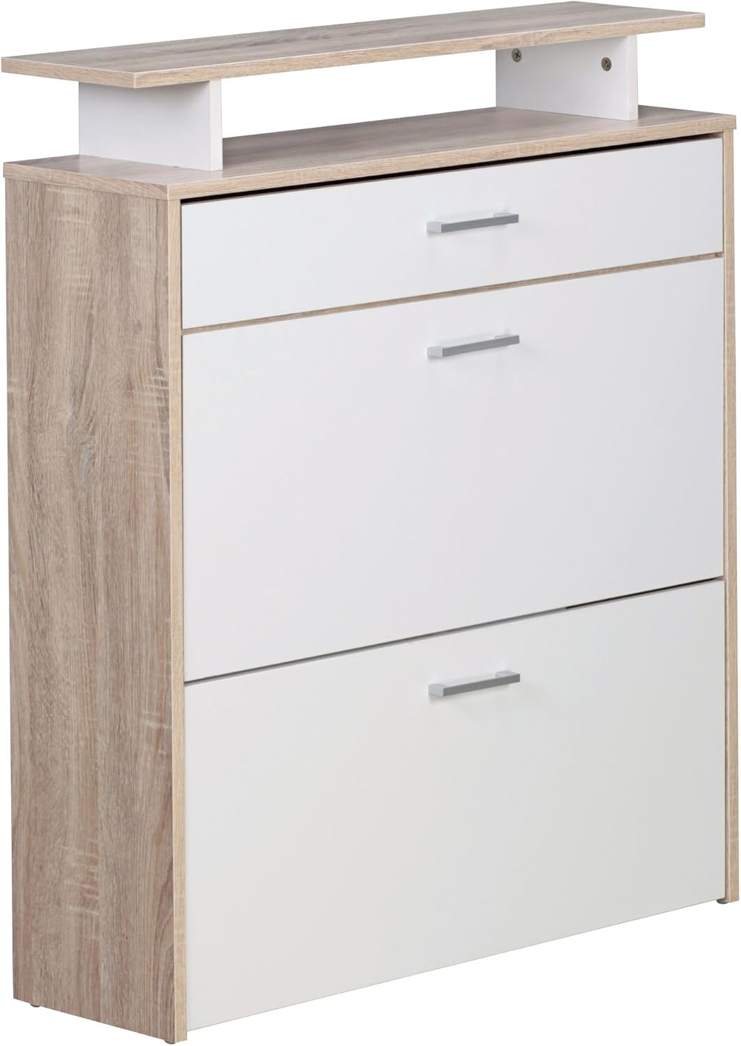 FineBuy Schuhkipper Holz 80x95x24 cm Modern Sonoma Eiche, Design Schuhregal Schuhkipper Schmal, Schuhschrank Schuhaufbewahrung mit Schublade, Flurschrank Schuhablage Regal Grau
