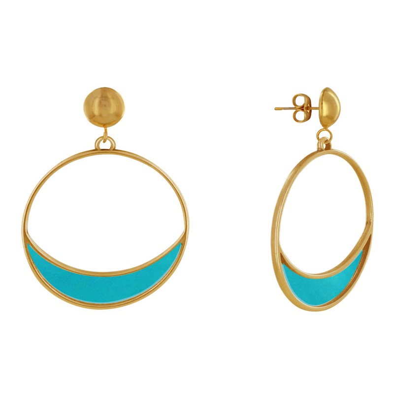 Boucles d'Oreilles Clous Métal Doré Cercle et Croissant de Lune Translucide Coloré
