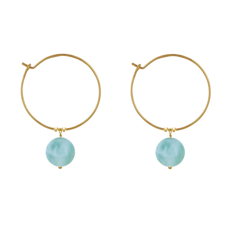 Boucles d'Oreilles Plaqué Or Créoles et Perles de Larimar