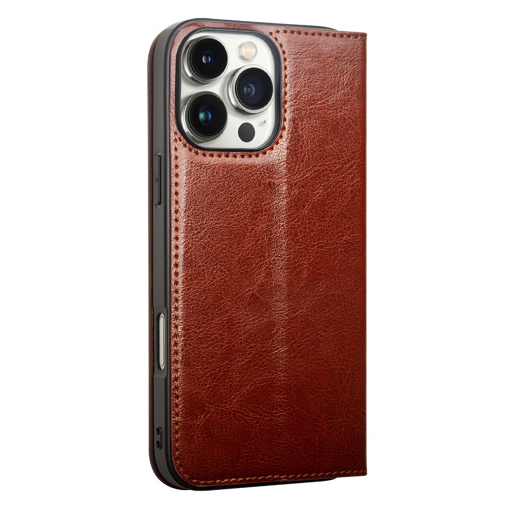 iPhone 16 Pro Echtleder Tasche Flip Wallet Cover mit Kartenfächer - Braun