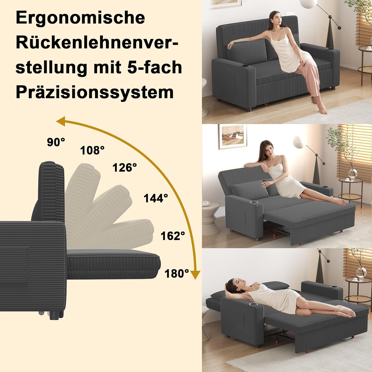 Devoko Sofa mit Schlaffunktion, Schlafcouch Ausziehbar mit Verstellbarer Rückenlehne, Schlafsofa Klein Klappsofa Sofa 2 Sitzer für Wohnzimmer & Schlafzimmer, Grau