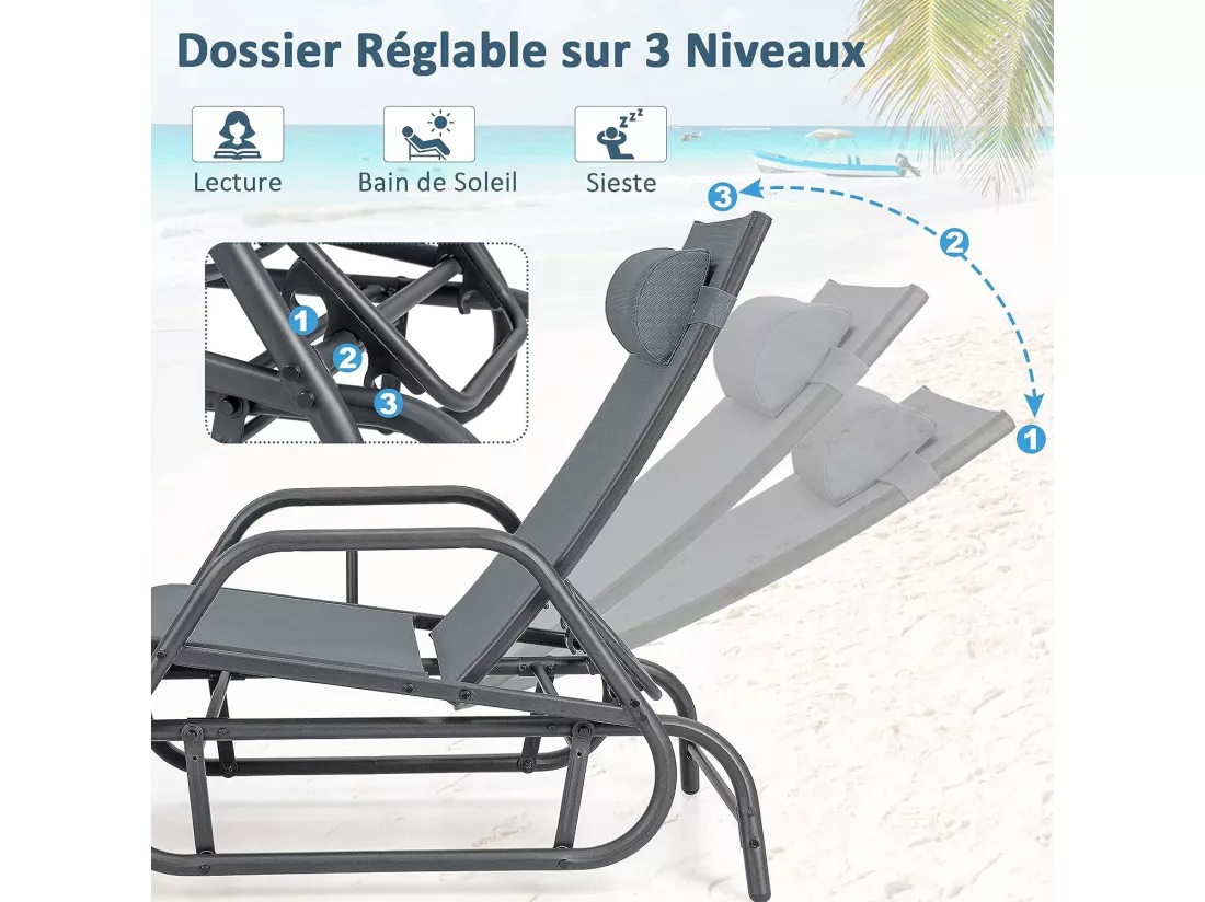 Bain de Soleil Design à Glissement à Dossier Réglable 3 Positions, Transat Jardin Extérieur Cadre Métal avec Accoudoirs, Oreiller, Chaise Longue Jardin Extérieur pour Patio Cour Balcon (Gris)