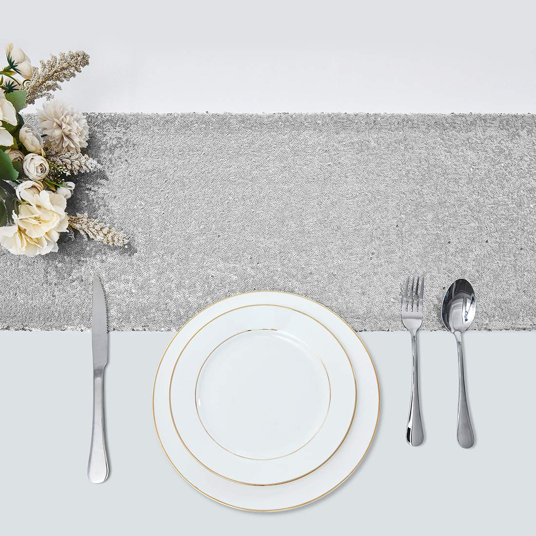 (6er Set) 275x30cm Pailletten Tischläufer Party Deko Glitzer Tischtuch - Silber