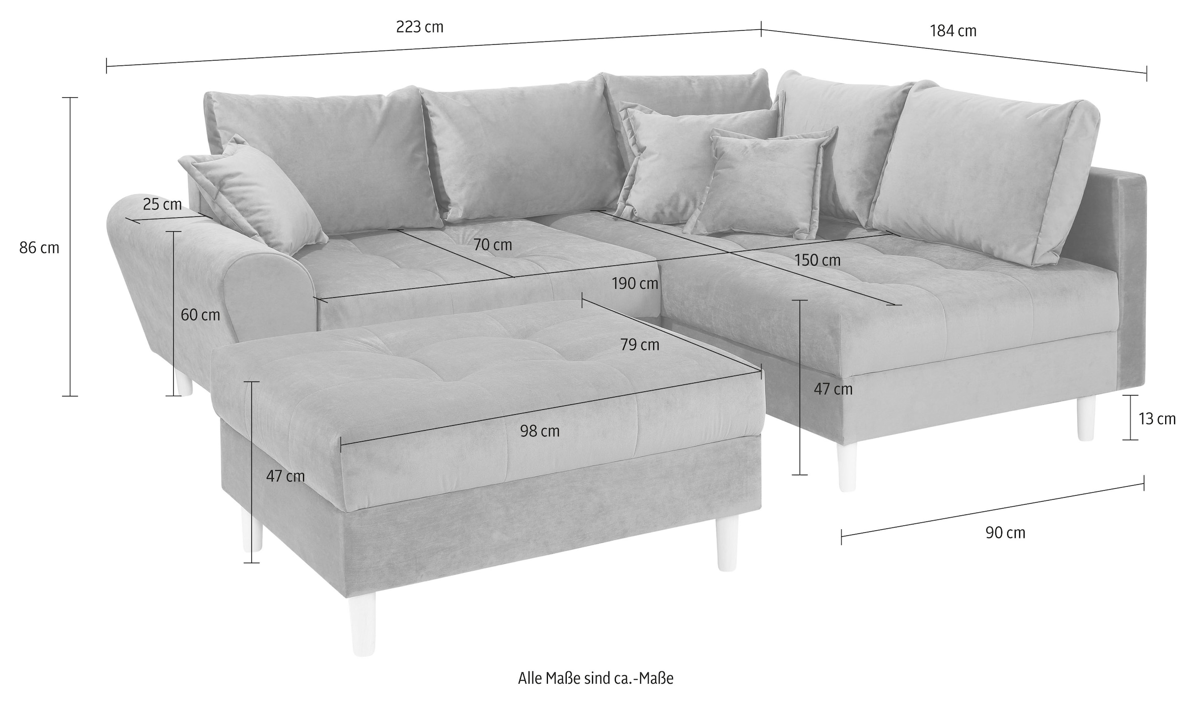 Home affaire Ecksofa »Rice L-Form, B: 223 cm« Set: Sofa & Hocker, mit 3 Zierkissen, Federkern