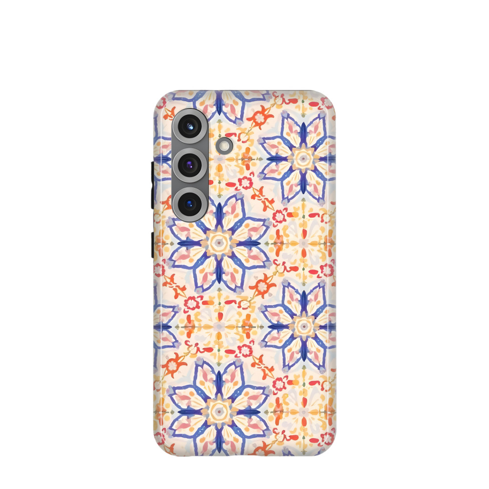 Samsung Galaxy S25 Hybrid (Kunststoff / Gummi) Hülle Majolika-Aquarellblüte - Blau / Gelb / Rot