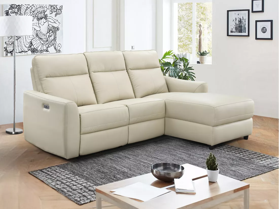 Canapé d'angle droit relax électrique en cuir beige ISPICA