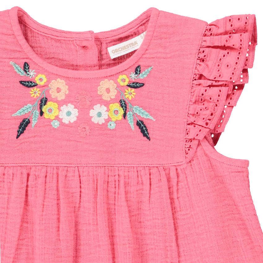 Top manches courtes en gaze de coton avec broderie pour fille - Fuchsia