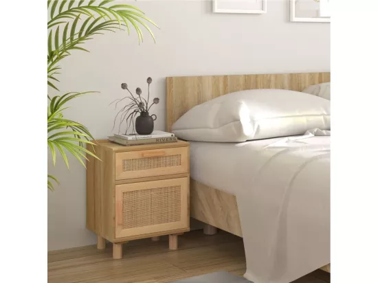 Table de chevet Marron Bois de pin massif et rotin naturel