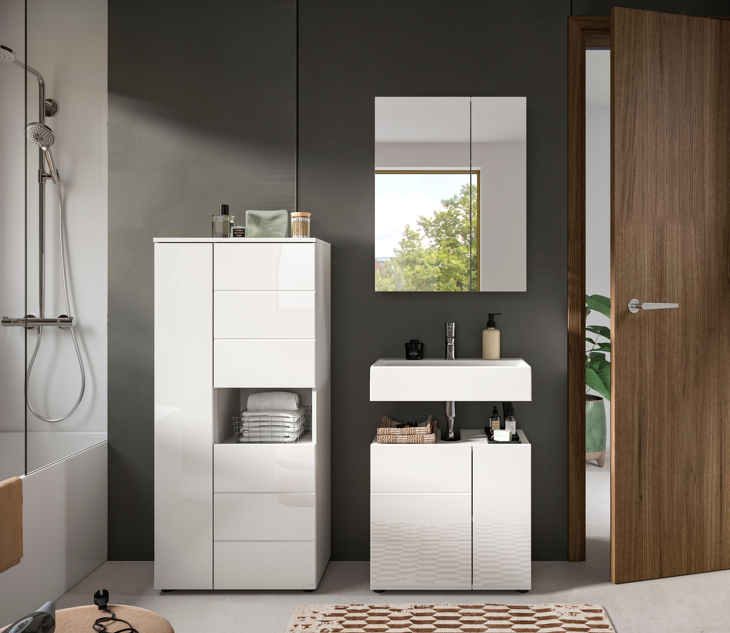 welltime Badmöbel-Set »Biel, Höhe 190 cm, Midischrank, Unterschrank, Spiegelschrank« 3 Stk. tlg.