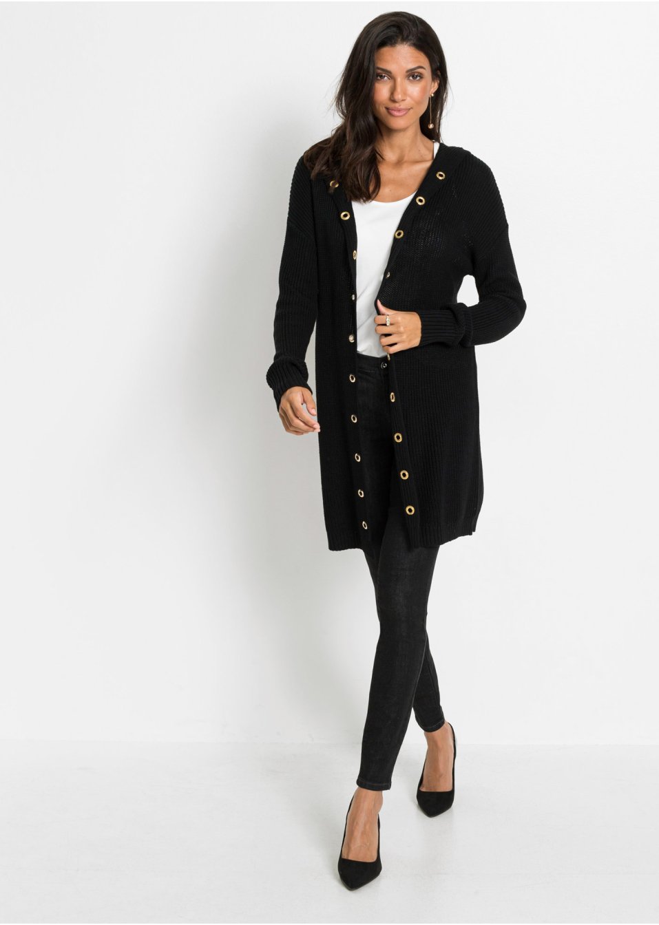Gilet long en maille à capuche