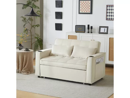 Canapé convertible en Velours - 2 places - avec 2 oreillers, poches d'accoudoir, porte-verres - Dossier inclinable - 137x76.5x83cm