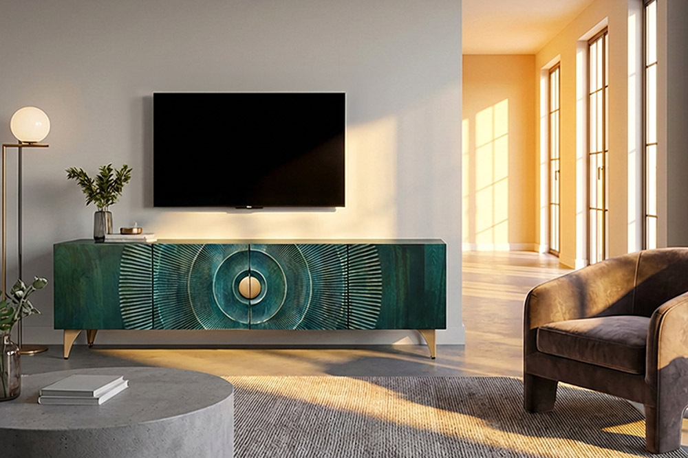 Massives TV-Lowboard GOLDEN SUNSET 180cm türkis 3D-Schnitzereien gold Mangoholz Metall