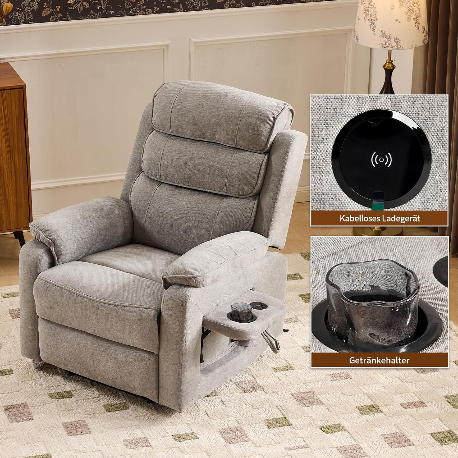 LEADZM Fernsehsessel Relaxsessel mit drahtloser Ladevorrichtung, 1 USB-Anschluss, 1 USB-C-Ladeanschluss, Liegen TV Sessel mit Massage Heizung, Seitentaschen, Getränkehalter (Hellgrau)