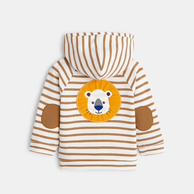 Sweat zippé molleton rayé lion marron bébé garçon Blanc