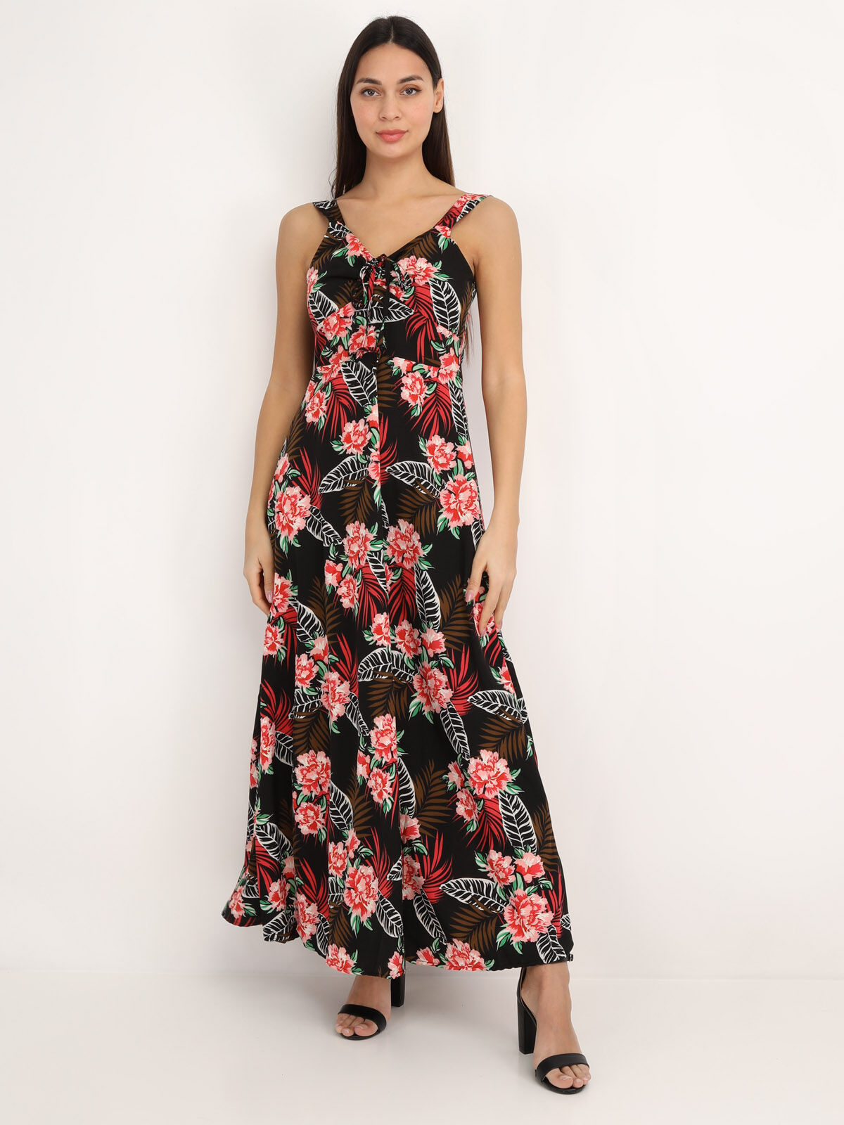 Robe longue dos nu à fleurs- Noir