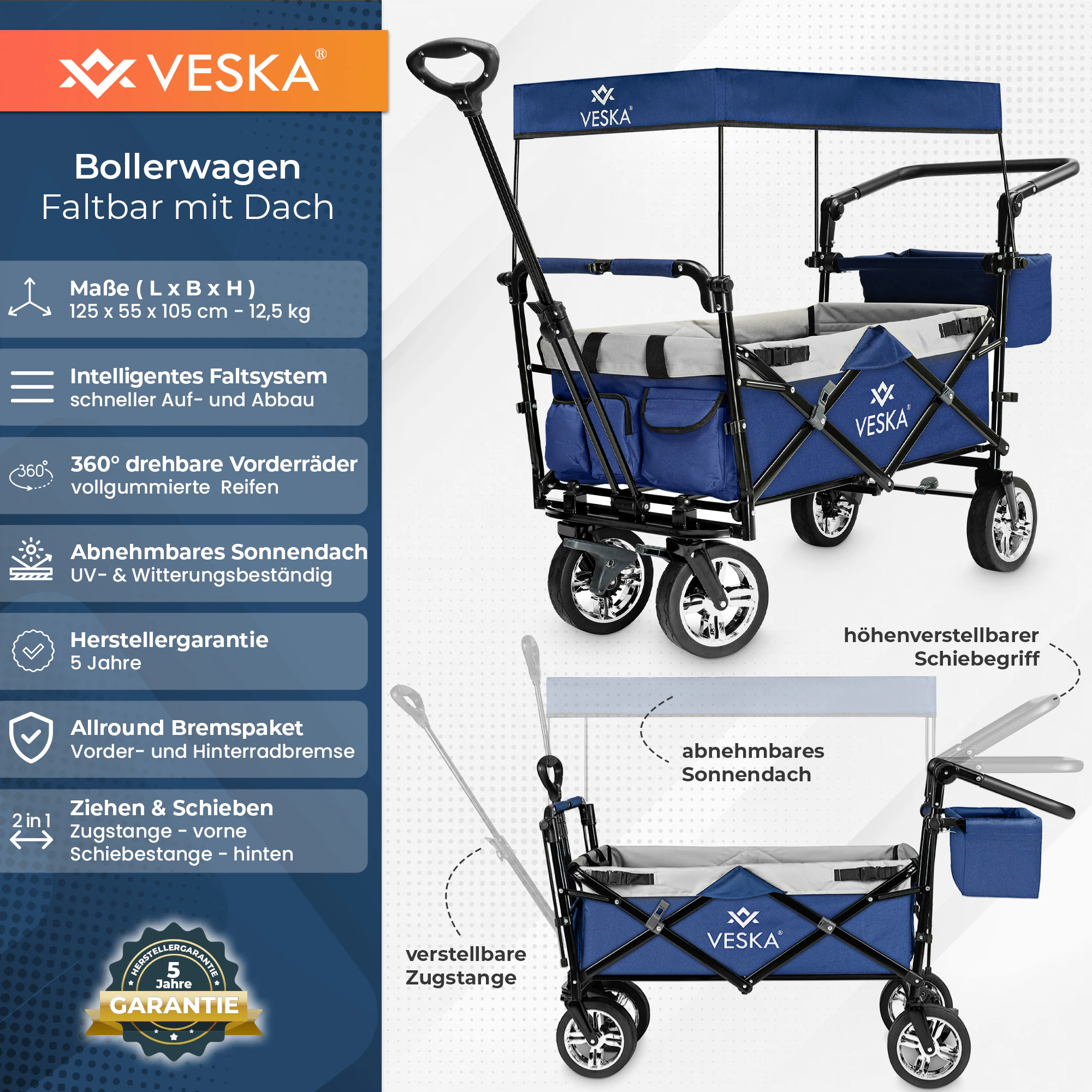 VESKA Bollerwagen faltbar mit Dach Handwagen Transportwagen anthrazit/grau