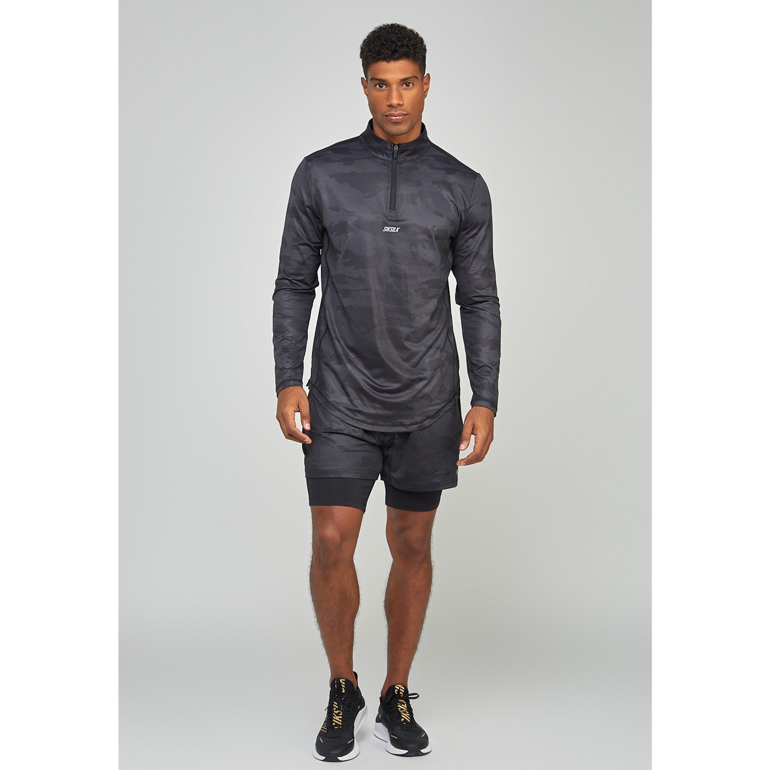 SikSilk Camo Sports Muscle Fit Quarter Zip Long Sleeve Top Mens