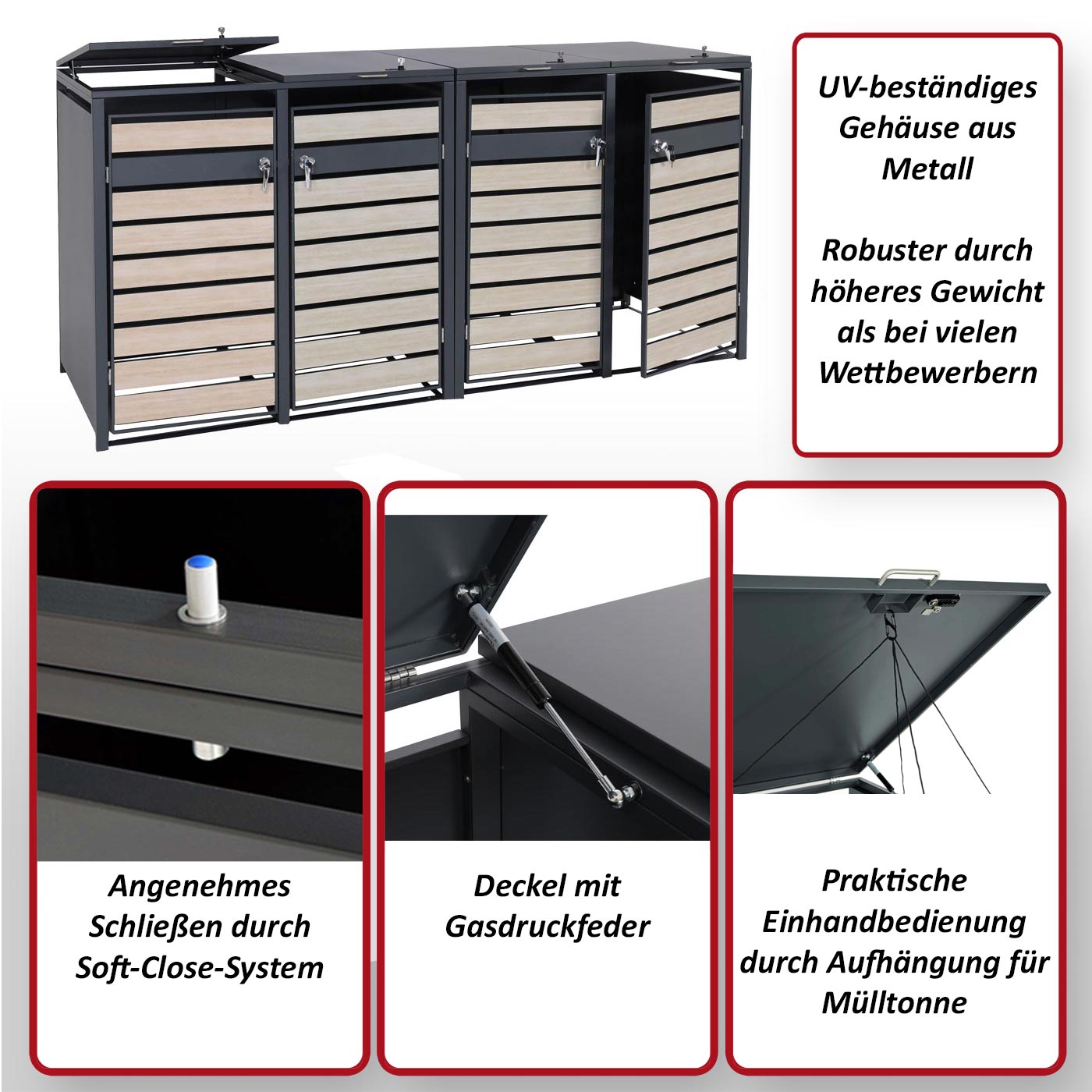 4er Mülltonnenverkleidung MCW-J81, Mülltonnenbox, erweiterbar, Metall 100kg, anthrazit ~ gold