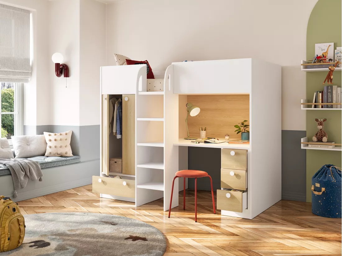 Lit mezzanine 90 x 190 cm avec armoire et bureau - Blanc et naturel - CINAMO