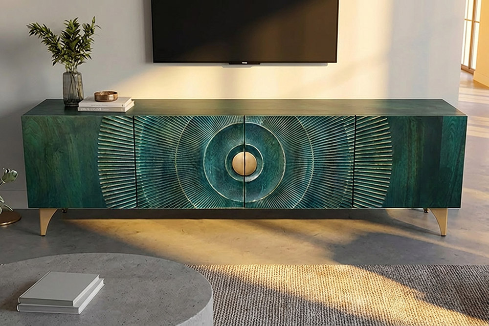 Massives TV-Lowboard GOLDEN SUNSET 180cm türkis 3D-Schnitzereien gold Mangoholz Metall