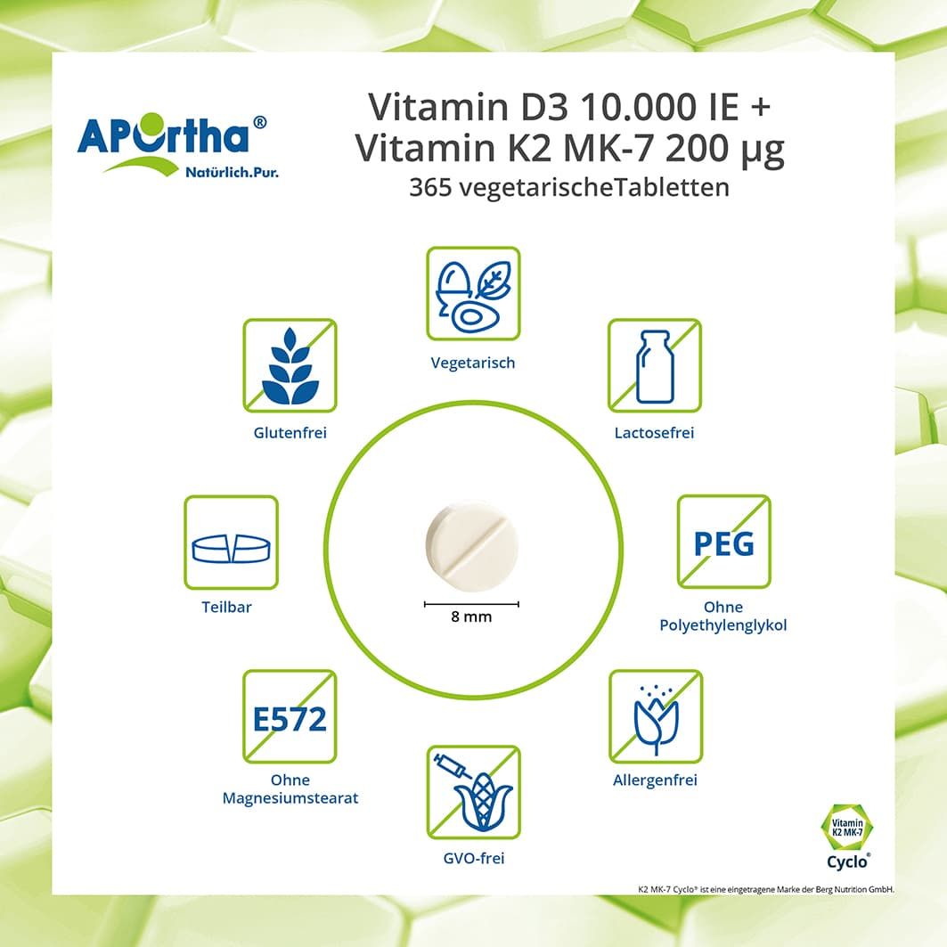 APOrtha® Vitamin D3 10.000 IE + Natto Vitamin K2 MK-7 Cyclo® Tabletten - 200 µg
