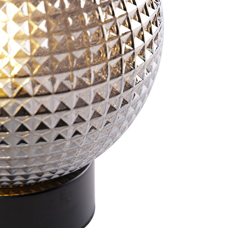 Art Deco tafellamp, zwart met rookglazen bol