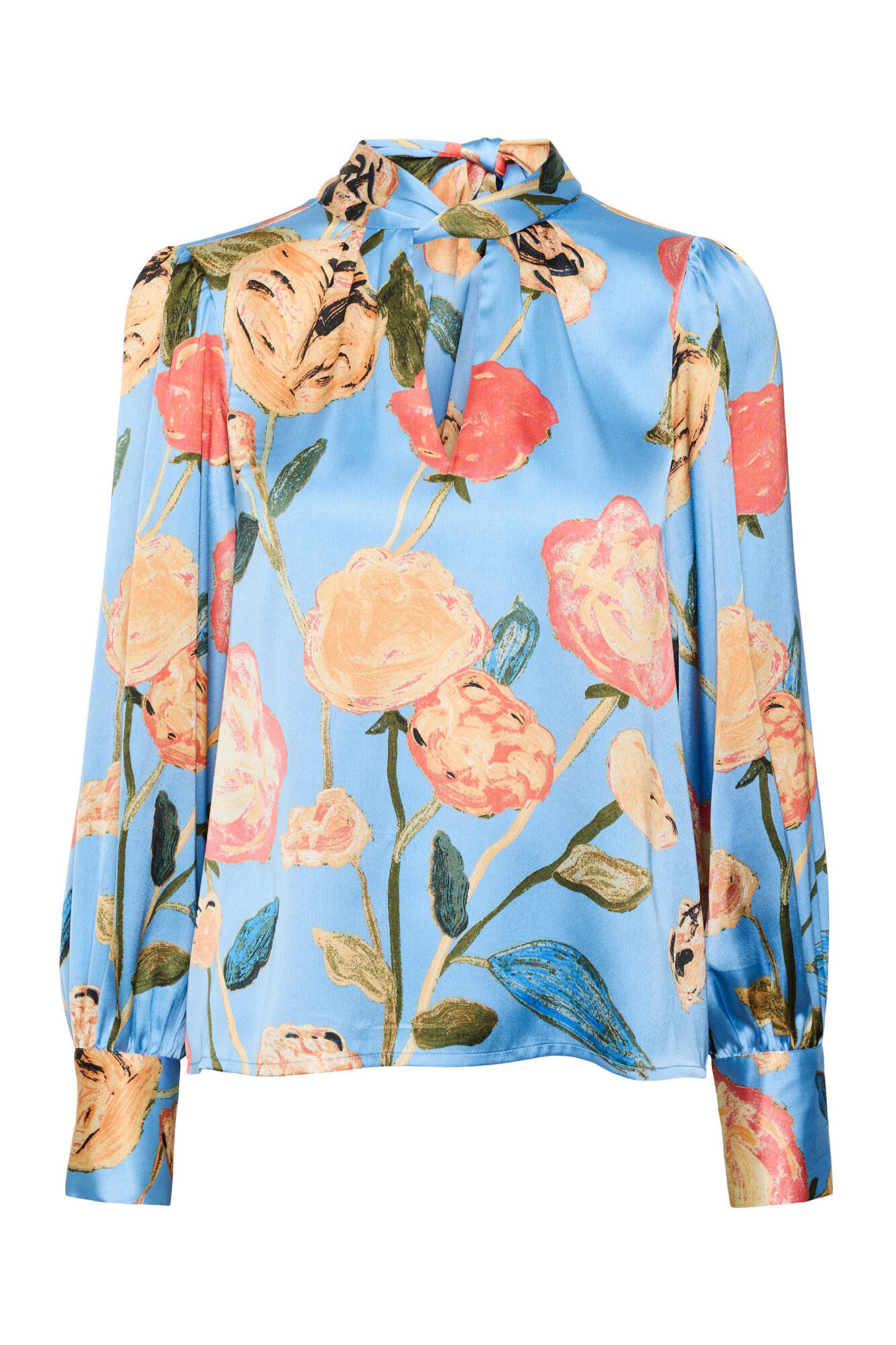 Blusa de cetim de manga comprida - Azul