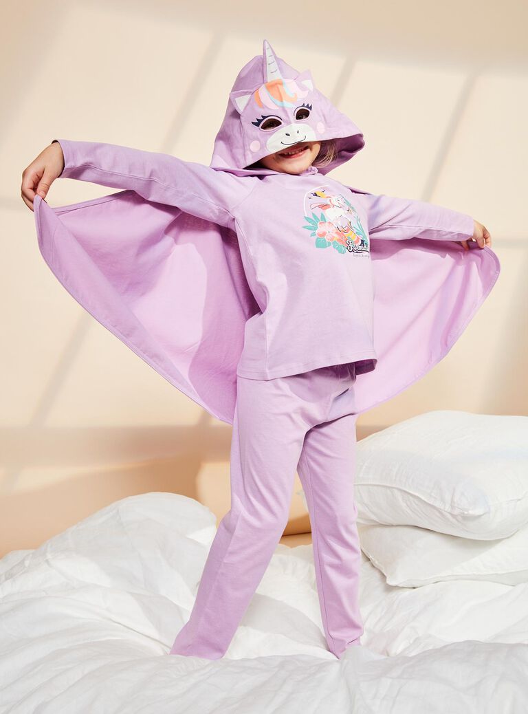 Pyjama deux pièces violet pâle en coton avec cape tête de licorne