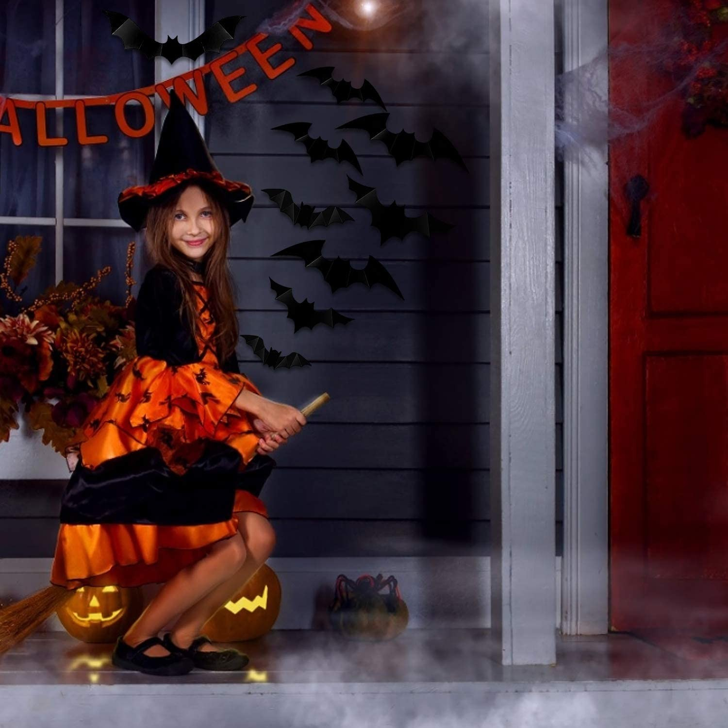 (60er Set) Halloween Party Deko Fenster Aufkleber Fledermäuse Wand Sticker mit Klebesticker - Schwarz