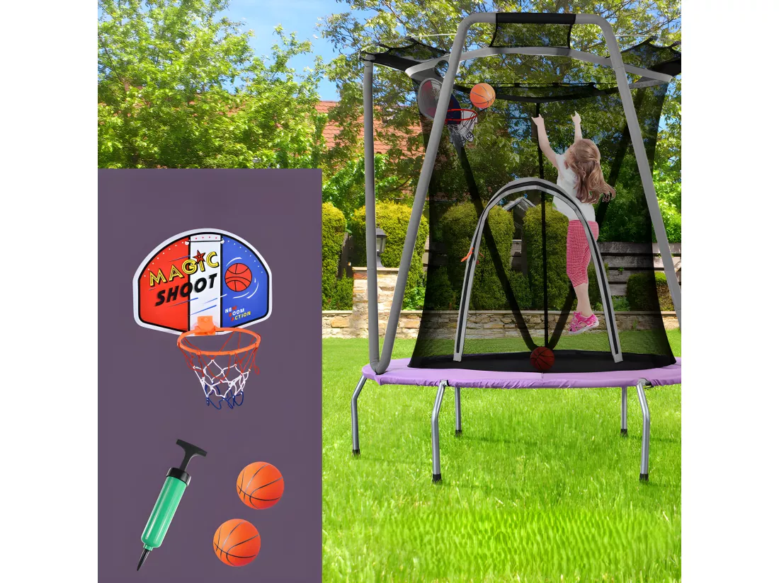 Trampoline avec panier de basket - à l'intérieur et l'extérieur - structure en acier galvanisé - Violet