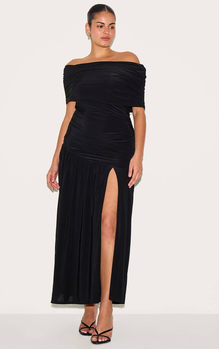 Noir Robe Longue Grande Taille À Double Couche Slinky Bardot Froncée