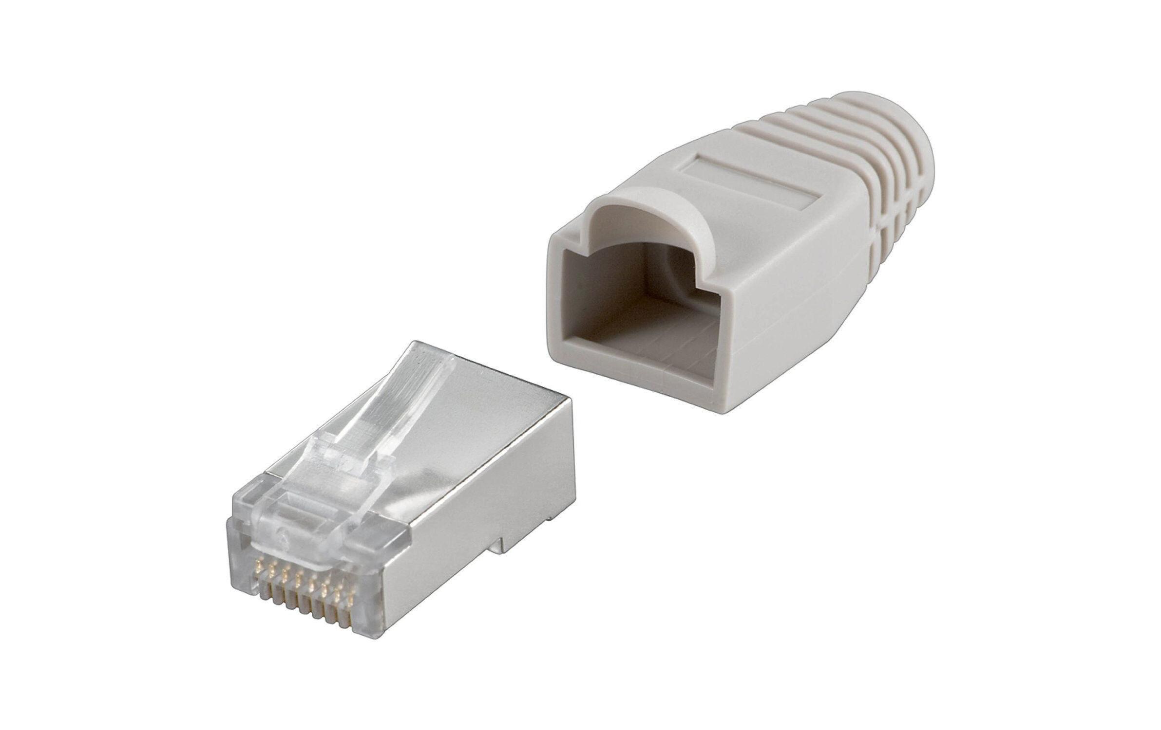 Stecker RJ45 Cat.6 100 Stück, geschirmt, GrauModularstecker RJ45 (8-Pole / 8-Kontakte), geschirmt, mit Tülle, grau, 100er-Pkg