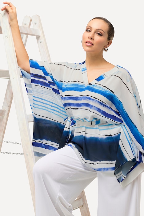 Chiffon-Tunika, oversized, V-Ausschnitt, 3/4-Arm