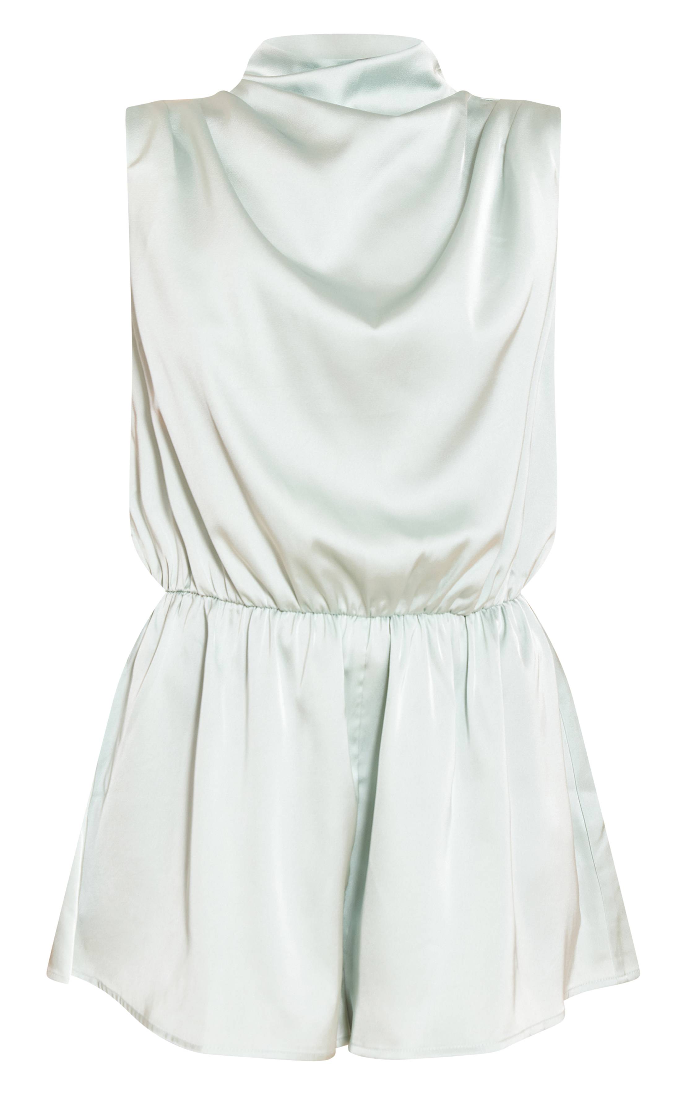 Bleu Combinaison-short En Satin À Col Montant