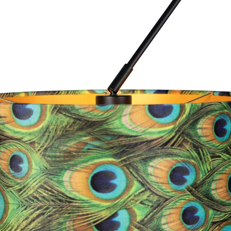 Hanglamp zwart met velours kappen pauw met goud 35 cm 2-lichts - Blitz