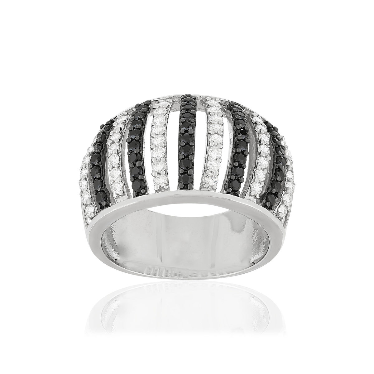 Bague argent 925 et ruthénium noir, spinelles noires et zirconias
