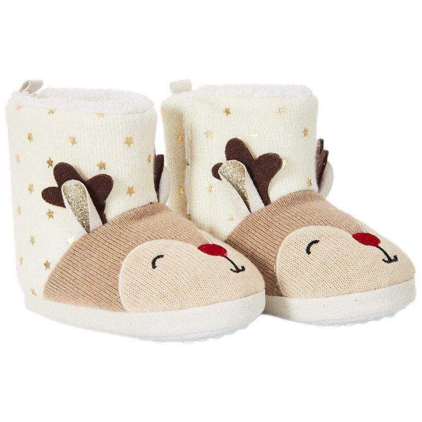 Chaussons bottes fourrés rennes de Noël pour fille - Beige