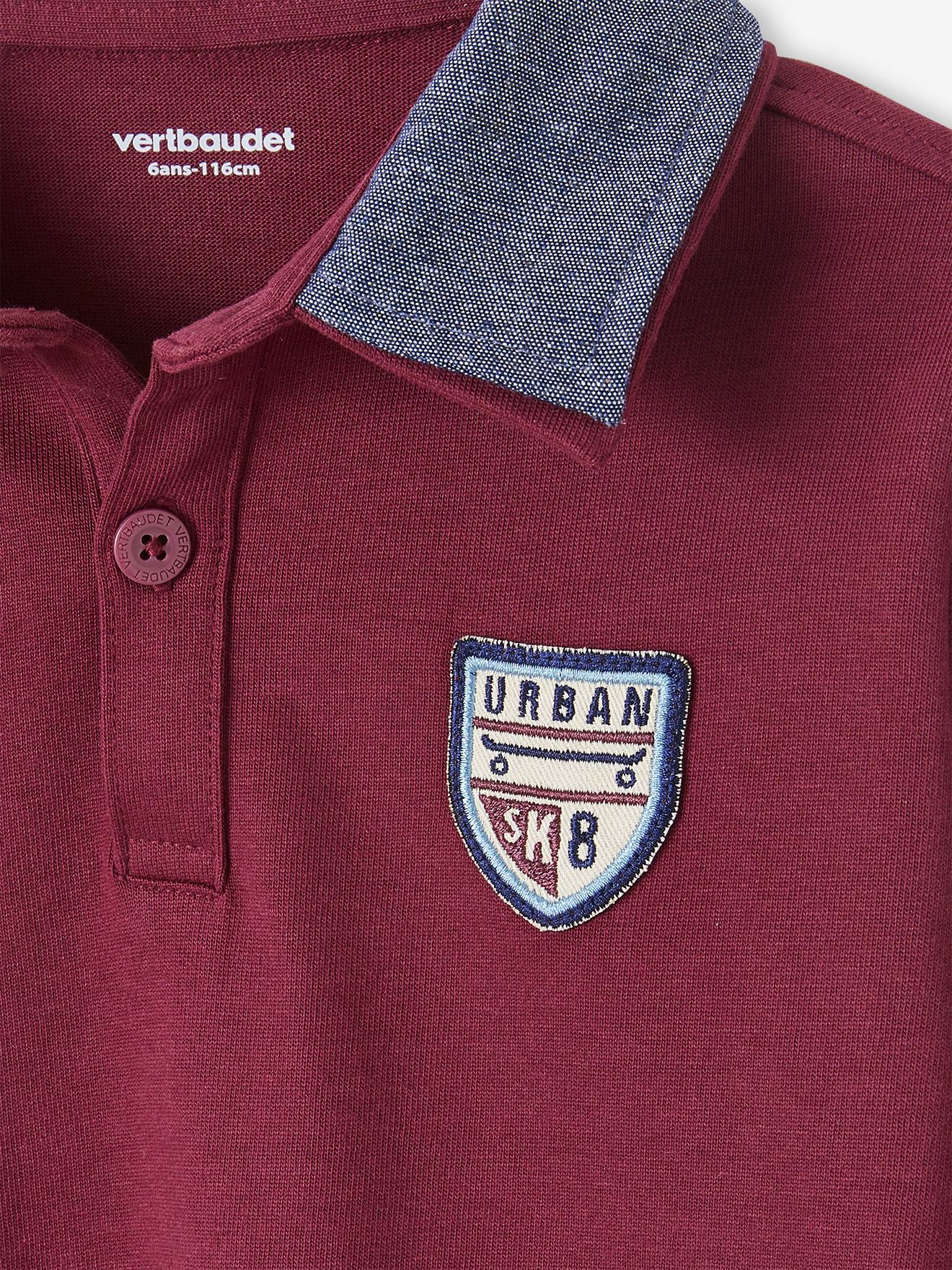 Camisa polo com emblema e gola chambray, camisa lisa azul-marinho infantil com estampas.