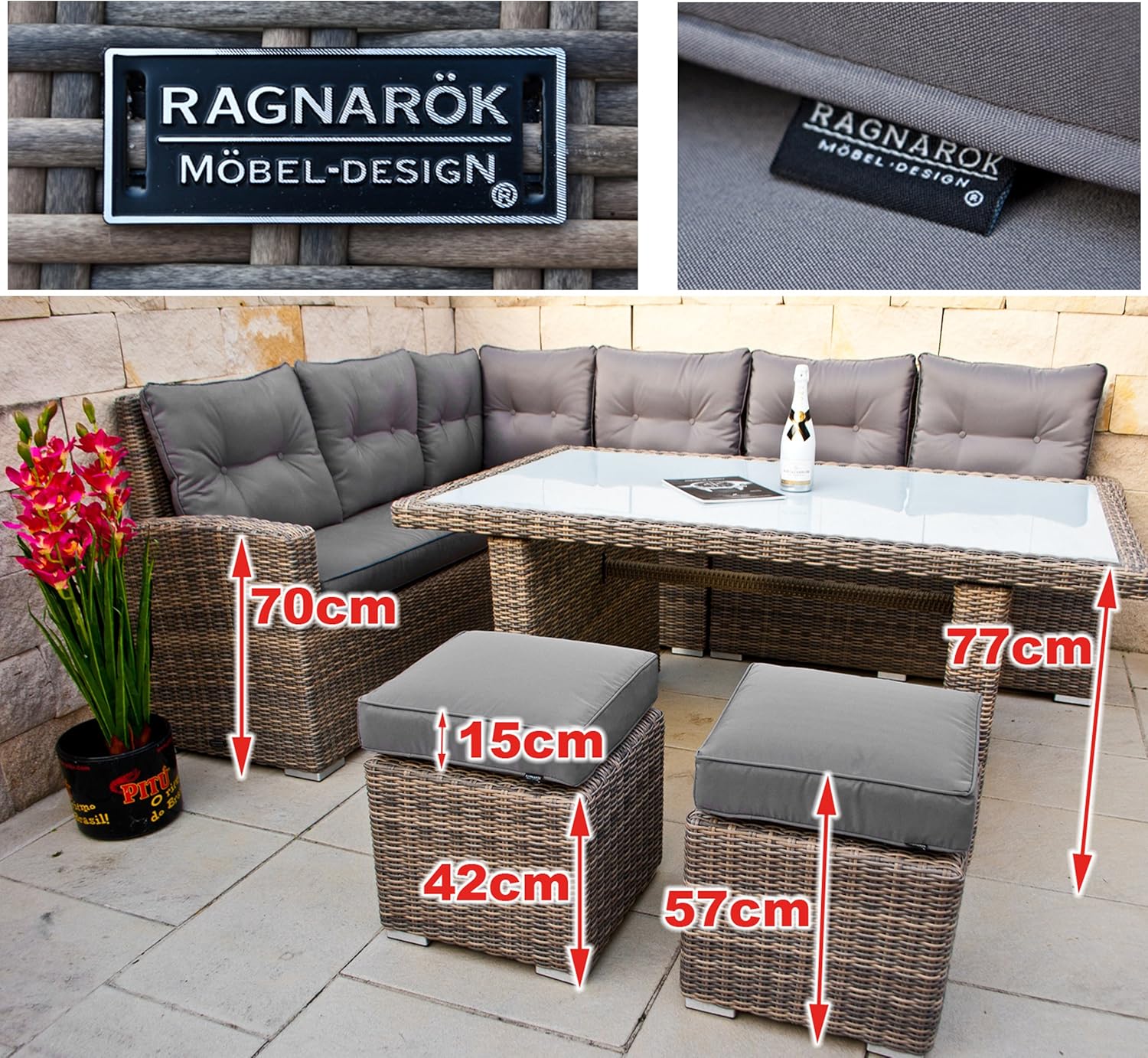 Premium PolyRattan Dining lounge - Deutscher Hersteller - 8 Jahre GARANTIE - Aluminium Gartenmöbel Essgruppe Polster Sitzkissen Grau Natur Rostfrei Esstisch Rattan Garten Sitzgruppe Tisch