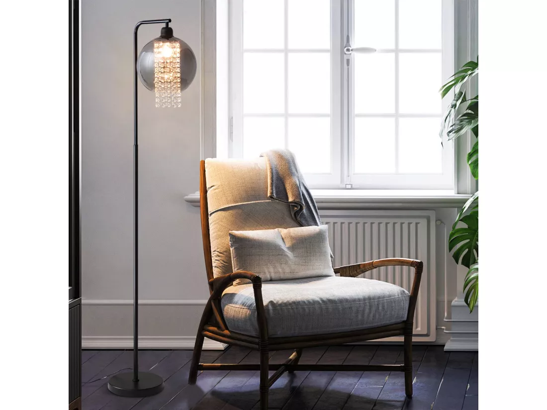 Lampadaire Intérieur 1 Flamme E27 Gris Fumé Lampadaire Grand Cristal Pour Bureau Canapé